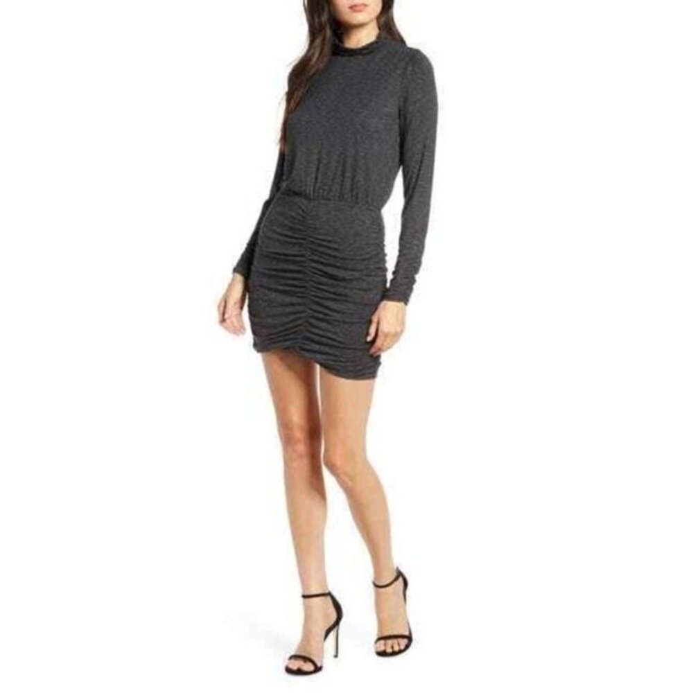 Ali & Jay Ruched Long Sleeve Mini Dress Charcoal Gray Glitter Shimmer SZ L NWT